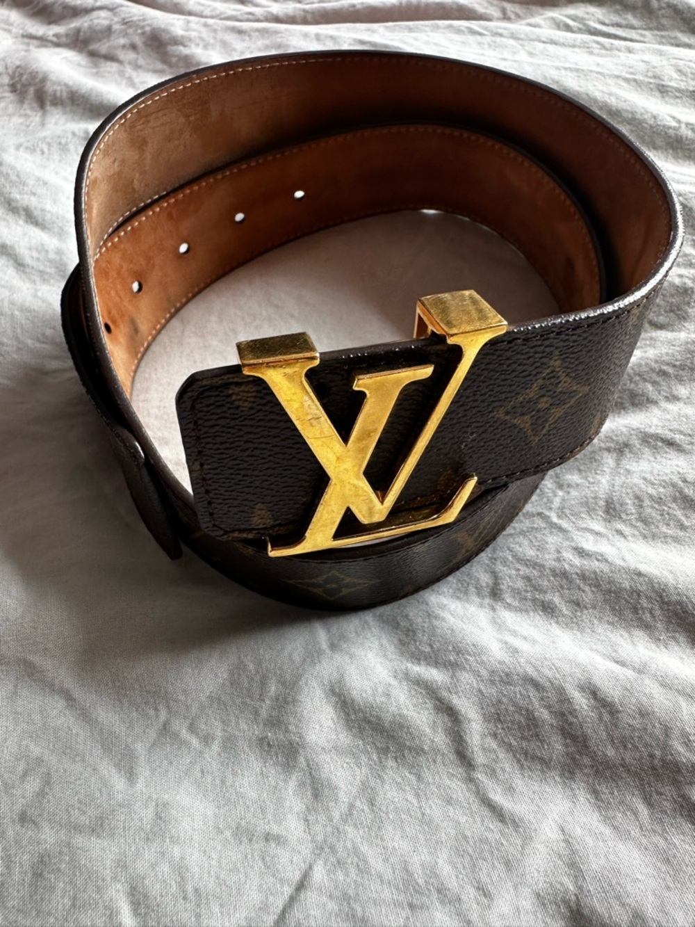 Authentic Louis Vuitton Monogram LV Initiales Belt Gold Buckle Brown 85/34